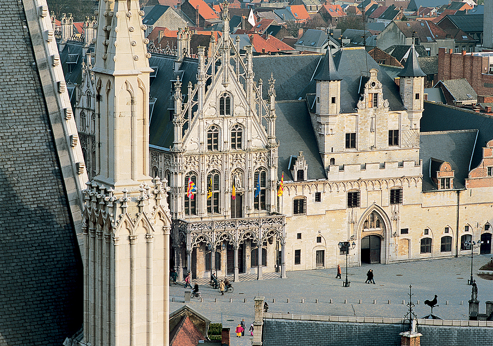 MECHELEN, view of the town hall to the Rumbold's cathedral